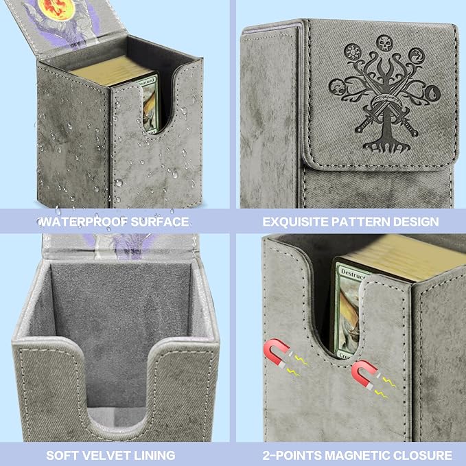 PROMAXIBINDER MTG Card Deck Box, Commander Deck Box Fits 100+ Single Sleeved Cards, Storage for TCG/MTG Crads, PU Leather Strong Magenet (Grey, Tree)