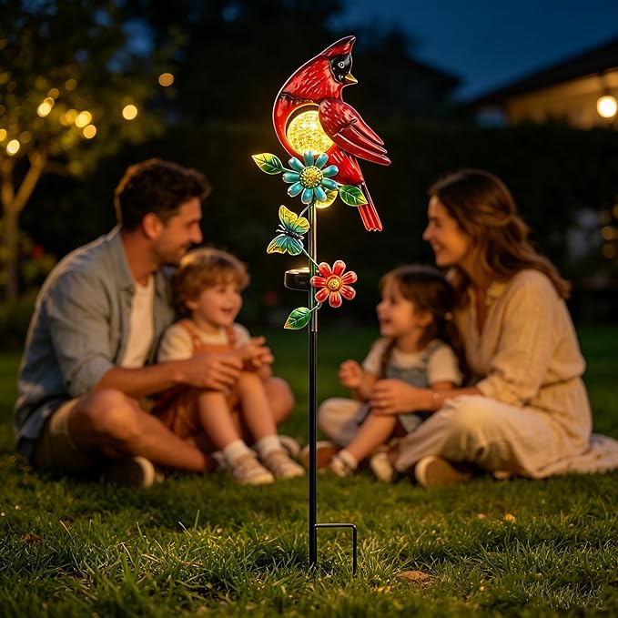 Cardinal Decor Solar Garden Stakes Outdoor Decorative Waterproof Metal Garden Sculpture Cardinal Solar Lights for Outside Lawn Yard Patio Cemetery Decoration Red Bird Gardening Gifts for Women