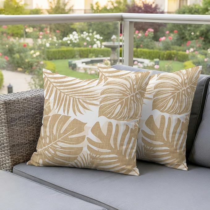 Khaki Palm Leaves Outdoor Pillow Covers 26"x26" Set of 2, Tropical Botanical Minimalist Modern Waterproof Throw Pillow Covers for Patio Furniture, Decorative Cushion Covers for Porch
