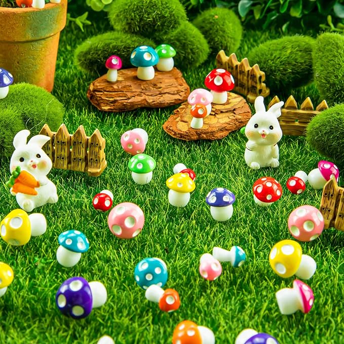 64 pcs Tiny Mushrooms, Colorful Miniature | Fairy Garden, Mini Resin Mushrooms Decoration, Mushroom Statue Cute Figurines, Garden Bonsai Micro Landscape Craft