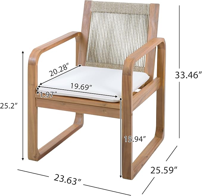 Christopher Knight Home Trazy Acacia Wood Outdoor Dining Set for 4, Patio Dining Table Set for 4, Outdoor Dining Table and Sled Base, Dining Chairs with Cushion + Rope Backrest, Teak + Brown + Beige