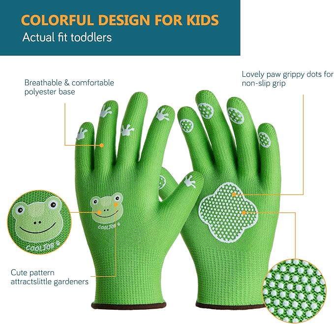 COOLJOB Small Toddler Gardening Gloves for Little Boys Girls Ages 2-4, Breathable Kids Work Gloves with Grippy Animal Paw Dots for Children Yard Landscape, Green Frog, 1 Pair