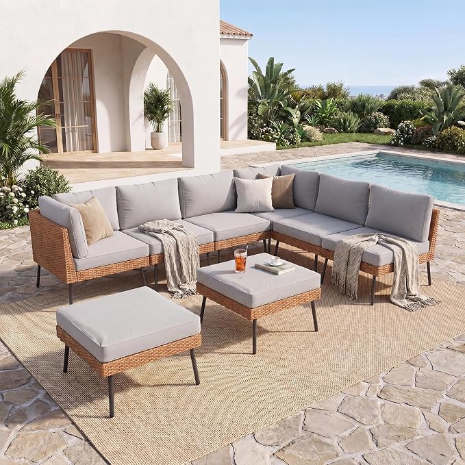 Aoxun 8 Piece Patio Furniture Set, 8 Seats Outdoor Sectional Sofas with Thick Cushion, Wicker Outdoor Patio Furniture Set with Ottomans for Party, Garden, Backyard, Grey