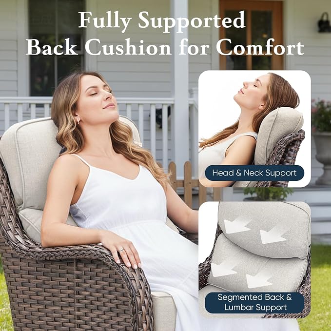 Belord Luxury 6" Thick Cushioned 8 Pieces Patio Furniture Set with Outdoor Couch, Wicker Outdoor Conversation Set with High Back Swivel Rocker Chairs for Deck Porch Yard and Poolside - Brown-Beige