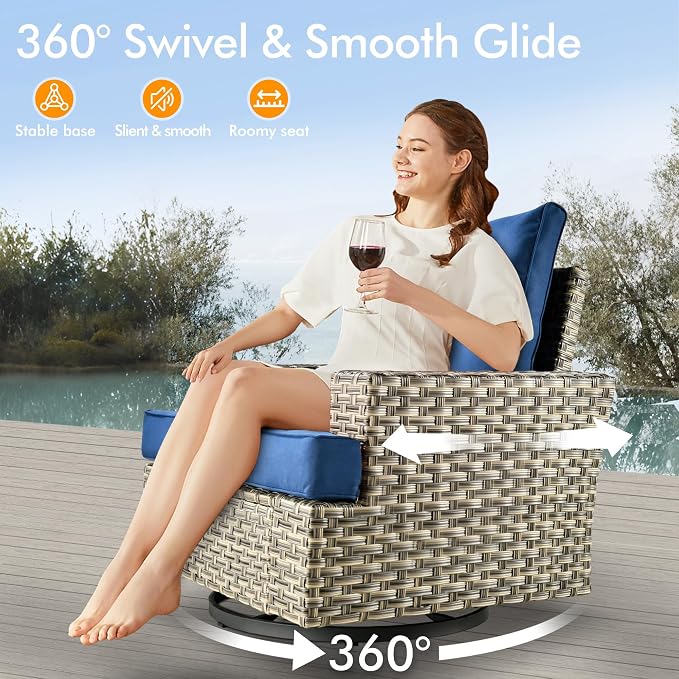 10 Pcs Outdoor Sectional Patio Furniture Set with Fire Pit Table and Swivel Rocking Chairs - All Weather Wicker Modular Outside Sectional Couch,Patio Seating Outdoor Conversation Sets,Navy Blue