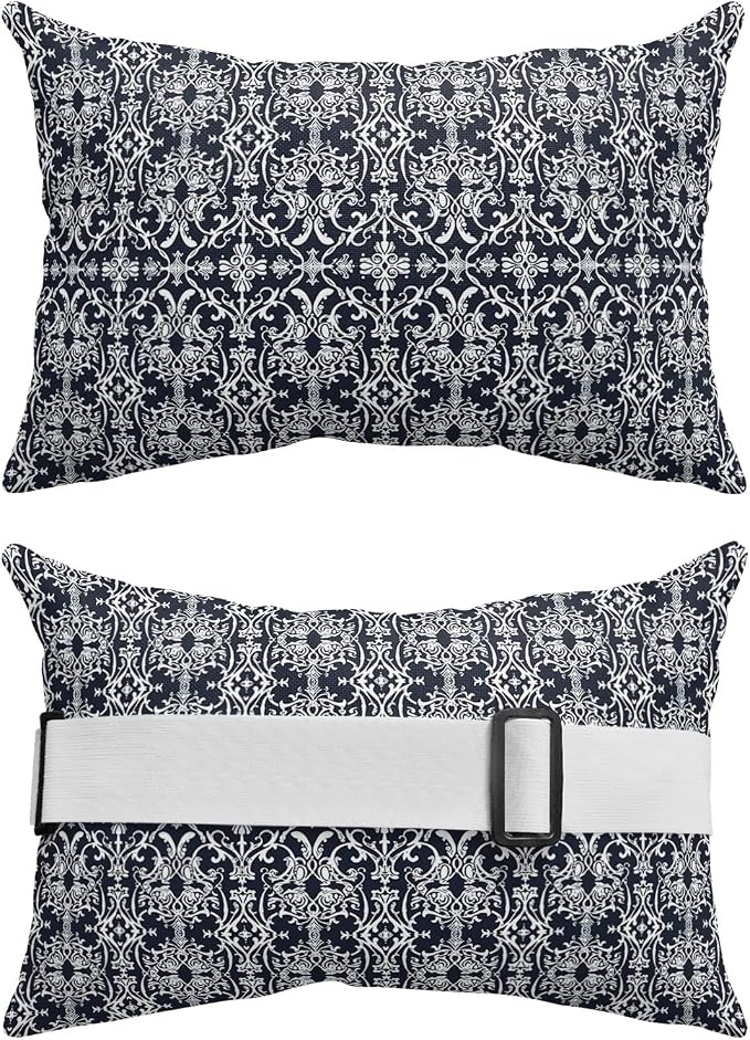 Outdoor Pillows Covers with Inserts Abstract Geometric Flowers Floral Blue Texture Waterproof Pillow with Adjustable Strap Throw Pillows for Patio Furniture Recliner Lounge Chair, 12x20 inch, 2PCS