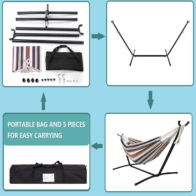 Double Classic Hammock with Stand for 2 Person- Indoor or Outdoor Use-with Carrying Pouch-Powder-Coated Steel Frame - Durable 450 Pound Capacity，Brown/Gray Striped