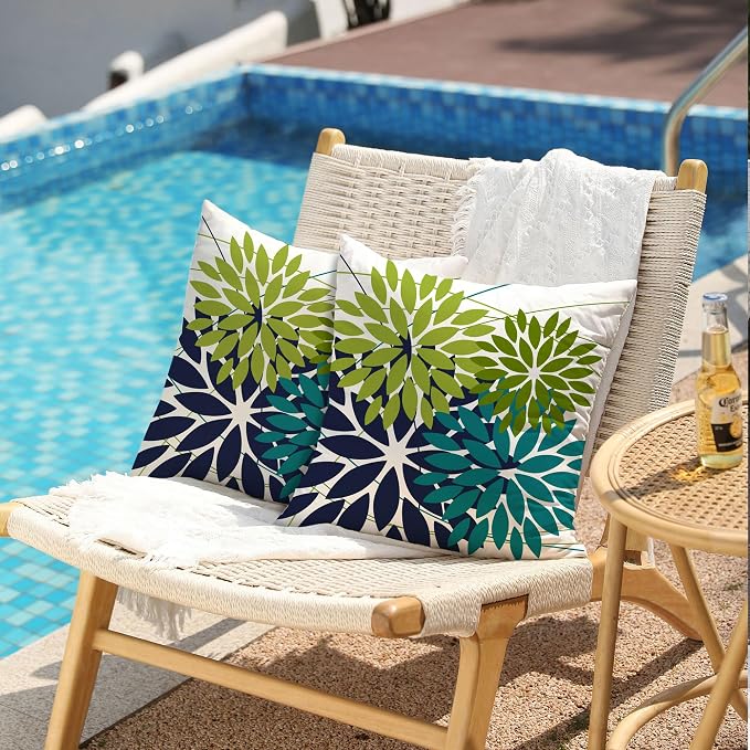 DFXSZ Pack of 2 Outdoor Waterproof Throw Pillow Covers 20x20 Green NavyBlue | Polyester Colorful Spring Summer Floral Decorative Cushion Cases(NO INSERT),For Couch Patio Funiture Garden Home Decor