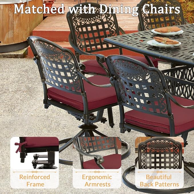 9 Piece Outdoor Patio Dining Set for 8, Cast Aluminium Large Square Dining Table & 8 Swivel Rocker Chairs with Removable Cushions, Umbrella Hole, Patio Furniture Set for Garden, Chili Red