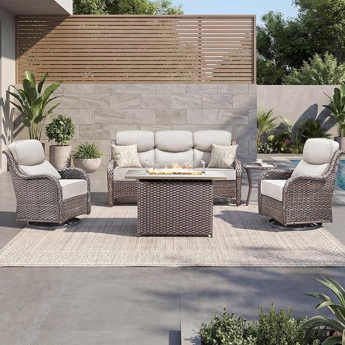 Luxury Patio Furniture Set with 6-inch Thick Cushion, Outdoor Furniture with Fire Pit Table, Swivel Chairs, Side Table, Sofa, 5pcs Wicker Conversation Set for Deck Yard (Brown Wicker | Beige Cushion)