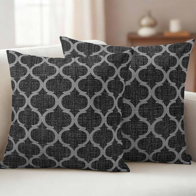 Black Morocco Outdoor Pillow Covers 26x26 Inch Throw Pillow Covers Set of 2 Waterproof Decorative Pillow Cases Boho Vintage Quatrefoil Geometric Plaid Cushion Covers for Patio Furniture Garden Couch