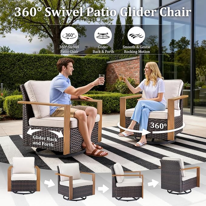 Patio Furniture Set with Fire Pit Table, 6-Piece Outdoor Wicker Sofa and Swivel Chairs, All-Weather Conversation Set for Backyard, Deck and Poolside Beige