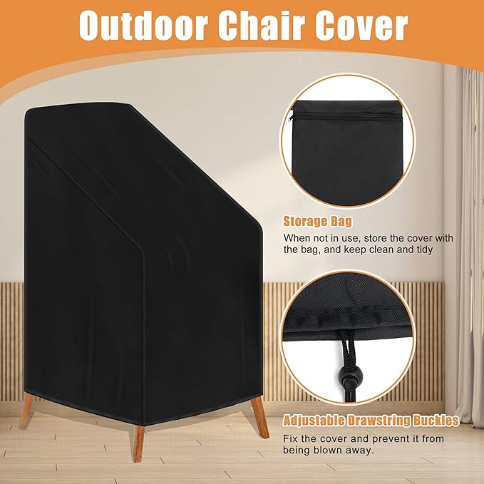 Outdoor Chair Cover Waterproof, High Back Stackable Patio Chair Cover for Lawn Furniture for Protecting (Black, 26Wx34Dx45H)