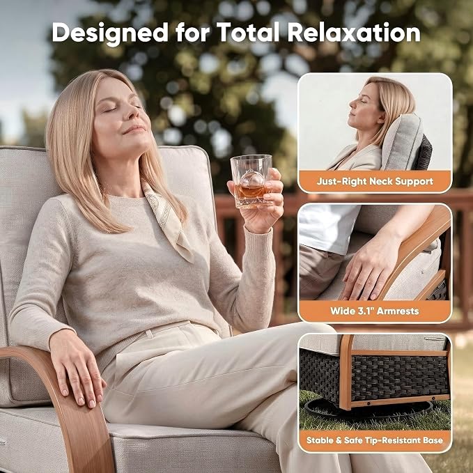Belord Upgraded 6" Cushion Luxury 3-Seater Outdoor Couch, Wicker Patio Sofa with 6-Inch Thick Cushions, All Weather Rattan Conversation Set Furniture for Balcony Porch Deck Yard, Wood & Beige
