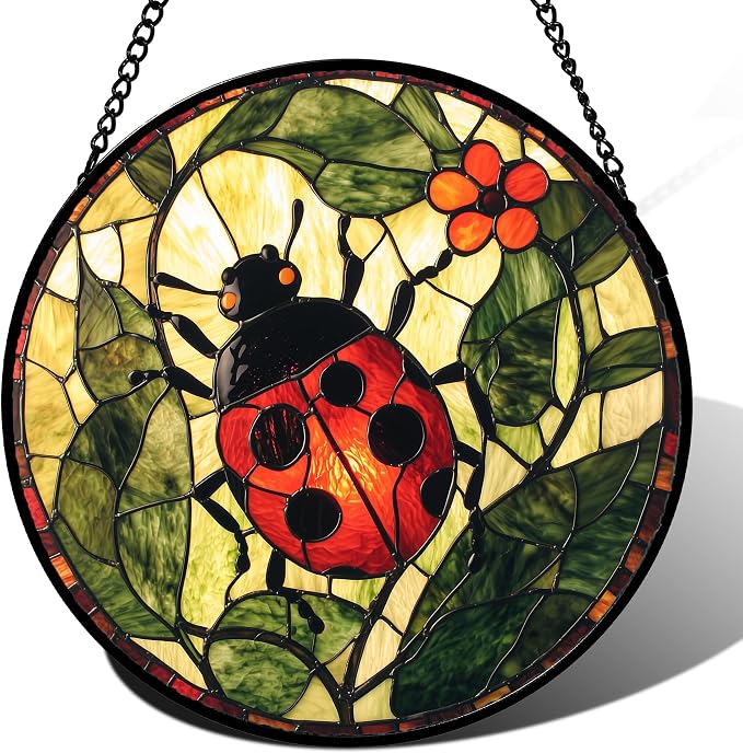 Stained Glass Window Hanging - Red Ladybug Green Plant Flower Sun Catcher for Door Home Decor Insect Suncatcher Christmas Mother's Day Birthday Gifts for Women Men Mom Nana 15 in