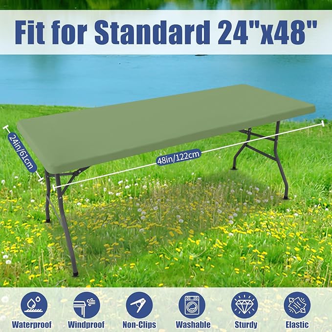 Moosfor Spandex 4 Foot Rectangle Table Cloth 2 Pack, Elastic Fitted Tablecloths for Picnic, Stretch Washable Patio Table Cover for Outdoor, Camping, Banquet and Parties (Sage Green, 24"x48")