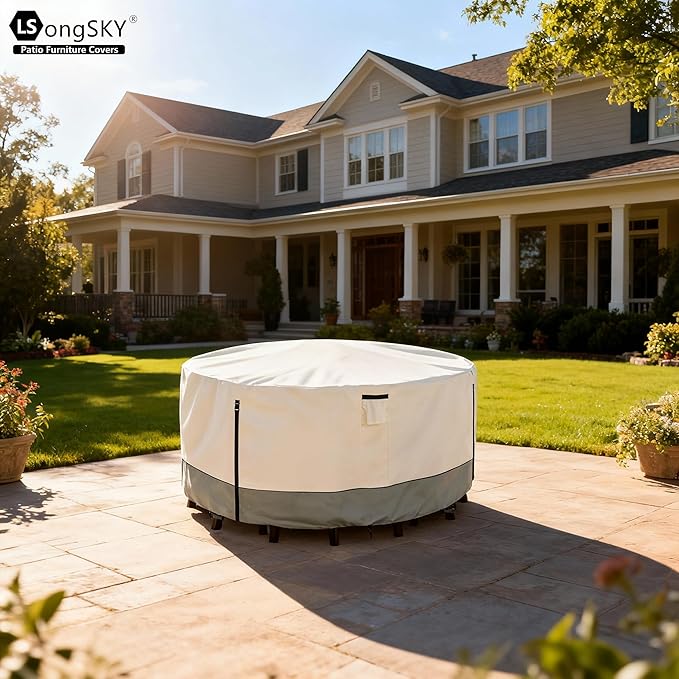 Round Patio Furniture Covers,600D Heavy Duty Waterproof Outdoor Furniture Cover for Round Dining Table with Rocking Swivel Chairs Set,72" Dia x 28" H Beige