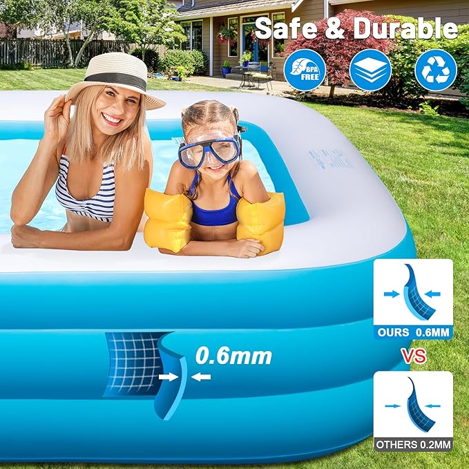 145"x74"x22", Large Solar Inflatable Pool with Lights, Oversized Thickened Blow Up Pool for Adults, 7 Color Changed Family Swimming Pool for Backyard, Outdoor