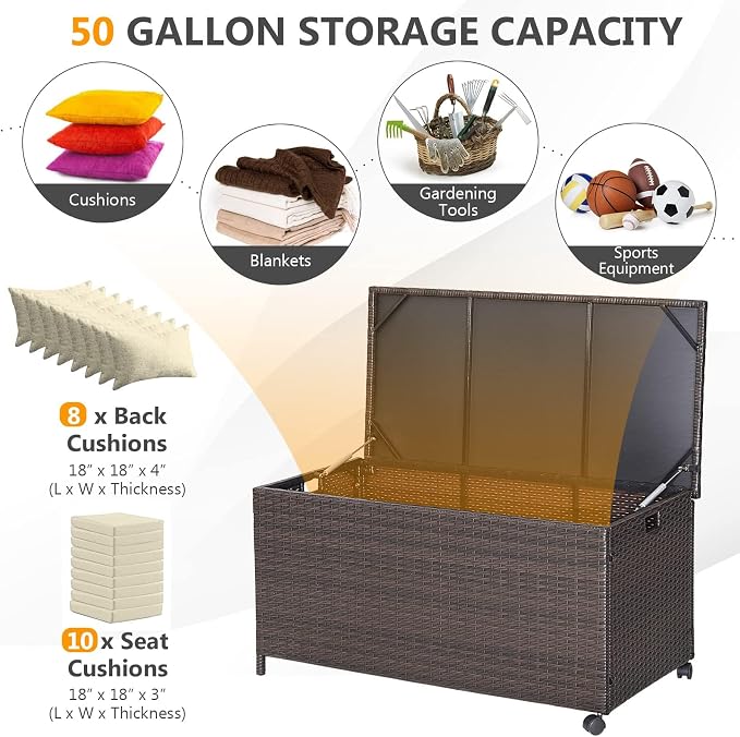 HAPPYGRILL 50 Gallon PE Wicker Deck Box, Outdoor Rattan Storage Box with Waterproof Liner and 2 Universal Wheels, Garden Furniture Container for Cushions Garden Tools