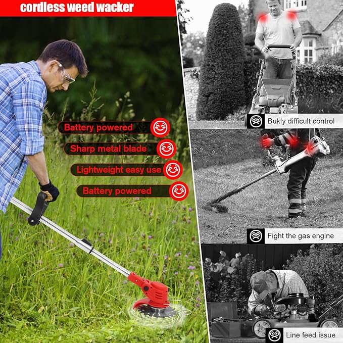 Cordless Wacker Weed, 21v/2Ah Weed Eater Battery Powered,Battery Wacker Weed with 3 Types Blades, Brush Cutter for Yard Garden