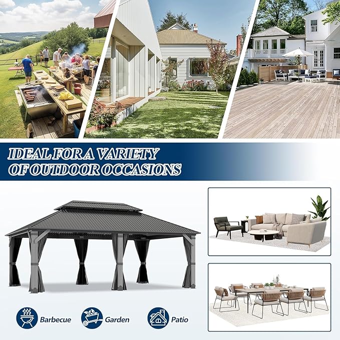 COVERONICS 12'x20' Outdoor Wood Gazebo - Hardtop Wooden Gazebo with Galvanized Steel Roof, Heavy-Duty Pavilion with Netting & Curtains for Garden, Poolside, Deck, Backyard