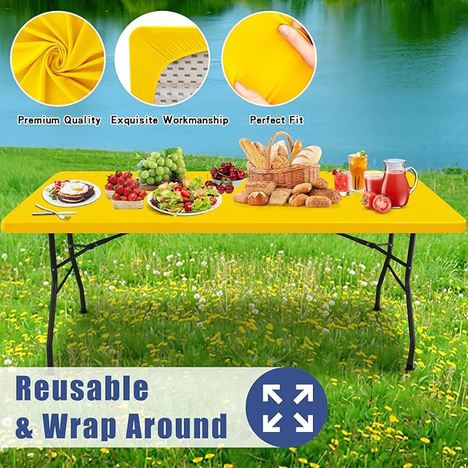 Moosfor Spandex 8 Foot Rectangle Table Cloth 2 Pack, Elastic Fitted Tablecloths for Picnic, Stretch Washable Patio Table Cover for Outdoor, Camping, Banquet and Parties (Yellow, 30"x96")