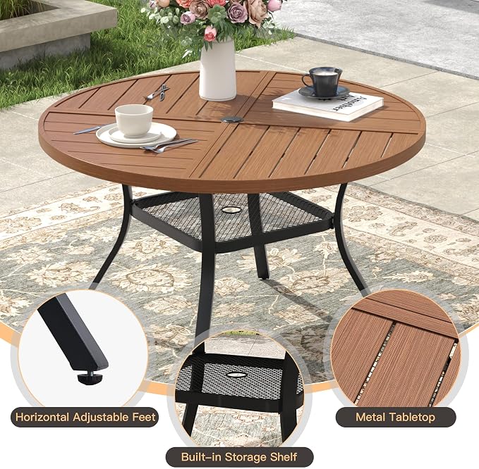 5 Pieces Patio Dining Set, 4 Outdoor Swivel Dining Chairs with 40.7" Round Metal Outdoor Dining Table with Umbrella Hole for Garden Backyard Deck, Mixed Brown & Walnut