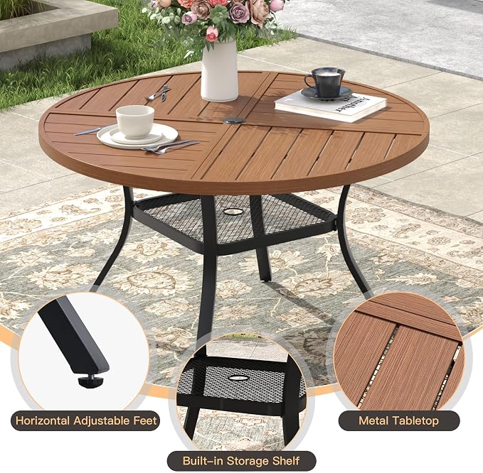 Outdoor Dining Set for 4, 40.7" Outdoor Dining Table with Umbrella Hole and Padded Textilene Patio Swivel Chairs, 5 Pieces Patio Table and Chairs Set for Garden Backyard, Mixed Brown and Walnut