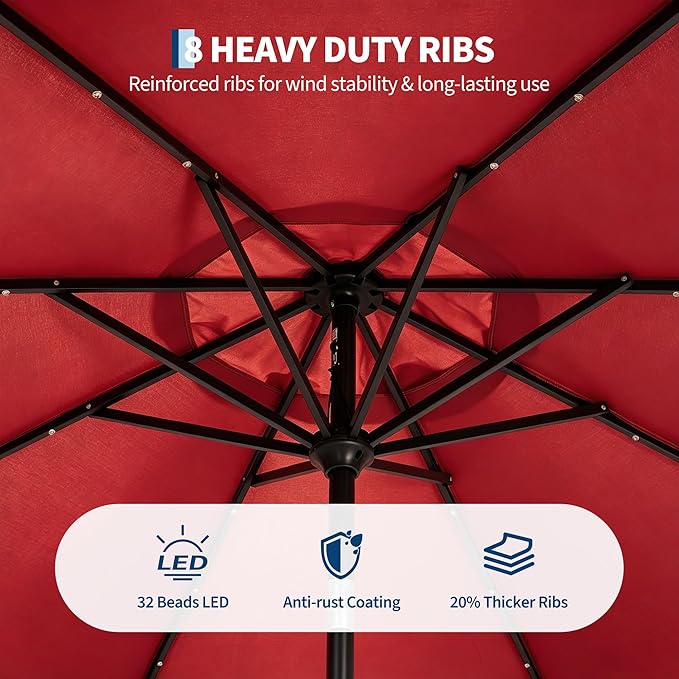 Garvee 9FT Patio Umbrella with 32 Solar LED Lights, Outdoor Table Market Umbrella with Tilt and Crank, 8 Sturdy Iron Ribs Sun Shade for Garden, Deck, Backyard and Pool, Red