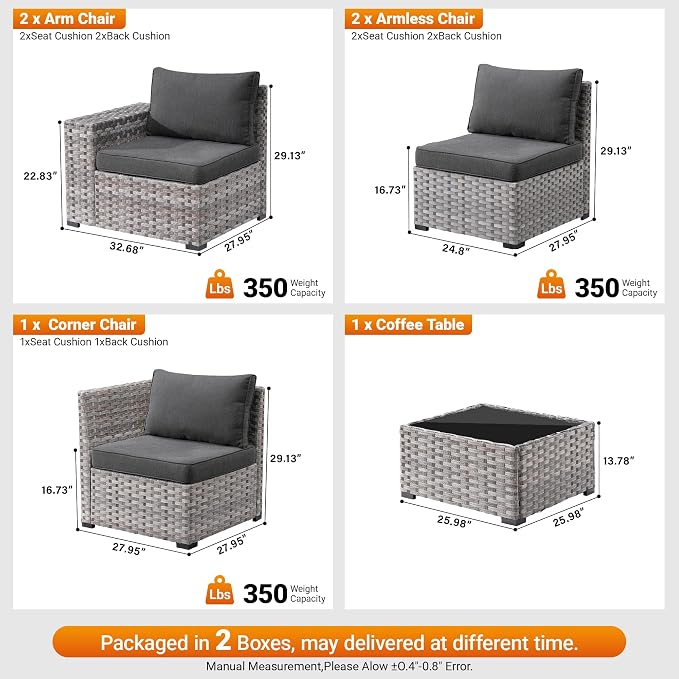 6 Pieces Patio Furniture Set, Outdoor Wicker Sectional Sofa with 7.7" Extra Wide Armrests, Modern Rattan Modular Conversation Set with Thickened Deep Seat Cushions & Coffee Table for Backyard, Black