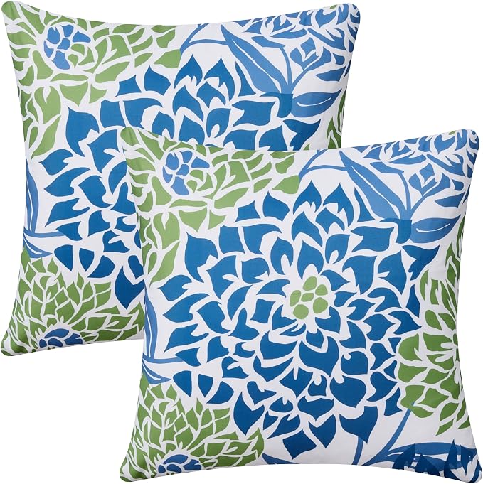 Allorry Outdoor Pillow Covers 20x20 Set of 2 Vintage Blue Green Flower Pattern Decoration Throw Pillow Covers for Spring Summer Outdoor Waterproof Garden Patio Sofa Bedroom Home Decor JB012-C20