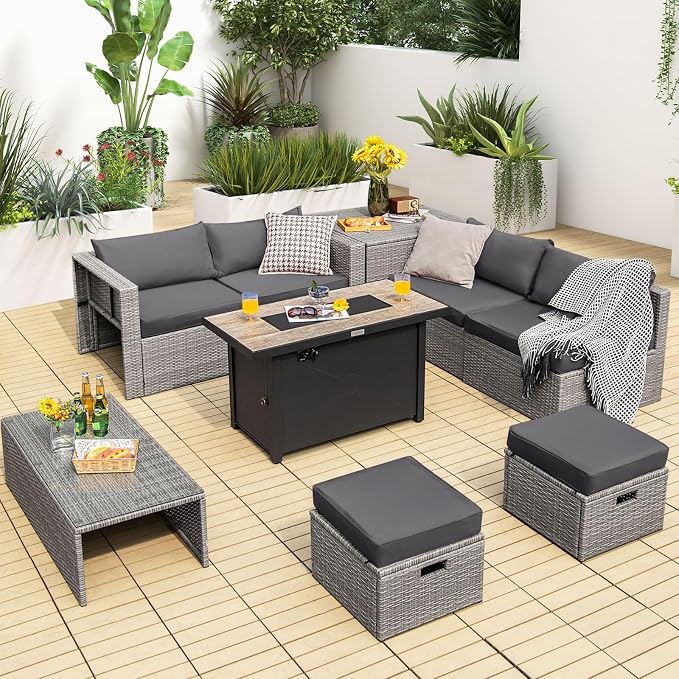 Tangkula 9 PCS Patio Furniture Set with 42” 60,000 BTU Fire Pit, Outdoor Space-Saving Sectional Sofa Set with Storage Box, Waterproof Covers Included (Gray)