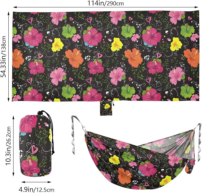 Camping Hammock Outdoor Hammocks for Outside Colorful Hibiscus Flower Beach Trees Portable Lightweight with Pockets Tree Straps Indoor