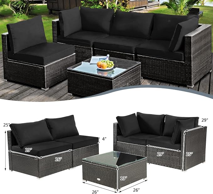 HAPPYGRILL 5 PCS Patio Furniture Set Outdoor Rattan Wicker Sofa Set with Coffee Table Sectional Sofa Conversation Set with Pillows Cushions for Backyard Porch Garden Poolside