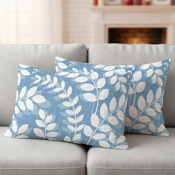 Sky Blue Leaves Outdoor Waterproof Throw Pillow Covers 20x12 Set of 2, Farmhouse Botanical Branch Vintage Boho Leaf Decorative Pillowcases Cushion Pillowcase for Couch Sofa Patio Pillow Protector