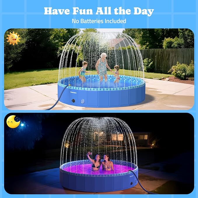 Foldable Dog Pool with Sprinkler RGB LED Light, 79" Collapsible Hard Plastic Kiddie Swimming Splash Pool for Small Medium Large Doggie Kitty Puppy, Pet Bathing Tub Wading Pool for Dogs Blue