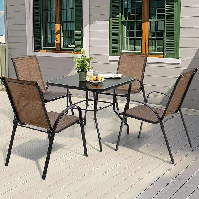 NUU GARDEN 5 PCS Patio Dining Set, Metal Outdoor Table and Chairs, with 4 Stackable Chairs and 31.5’’ Square Table with Umbrella Hole, Outdoor Dining Set for Lawn, Balcony, Garden, Black and Brown