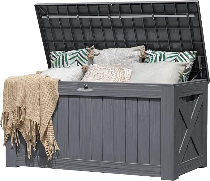 Flamaker Resin Deck Box 120 Gallon Waterproof Large Outdoor Indoor Storage Box Imitation Wood Resin for Patio Furniture Garden Tools and Pool (Gray)