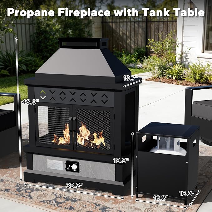 Outdoor Aluminum Furniture Set, 4-Piece Patio Conversation Set, 2 Swivel Chairs, 1 Sofa and 1 Fireplace, All-Weather Metal Frame, 6" Thick Removable Cushions, Deep Setting for Garden and Porch