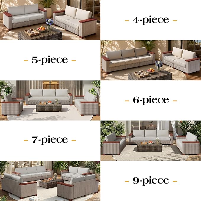 PaPaJet 7-Piece Wicker Patio Furniture Set with Solid Wood Armrest, Outdoor Patio Set with Thick Legs, UV-Resistant Modular Outdoor Sectional Sofa for Backyard, Porch, Garden
