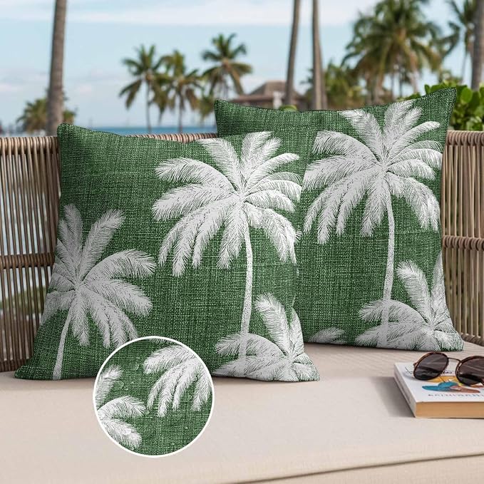 Outdoor Pillow Covers 16x16 Inch Set of 2, Dark Green Palm Trees Waterproof Throw Pillow Covers, Farmhouse Tropical Summer Beach Decorative Cushion Pillowcases for Couch, Sofa, Bed, Garden, Patio