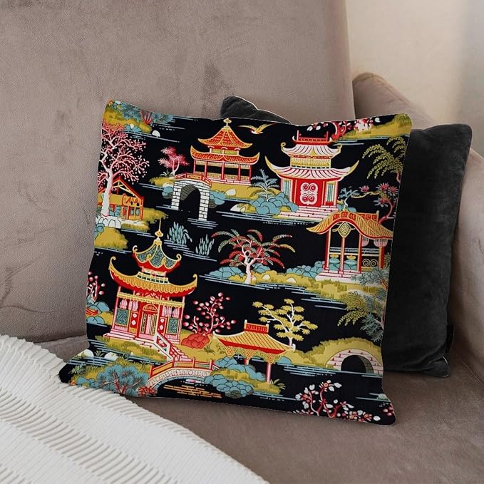 Chinoiserie Charcoal Coral Pagoda Asian Pillowcase Chinoiserie Chic Asian Throw Pillow Covers 16x16 INRetro Accent Throw Pillow Covers Farmhouse Decorative for Sofa Patio Couch