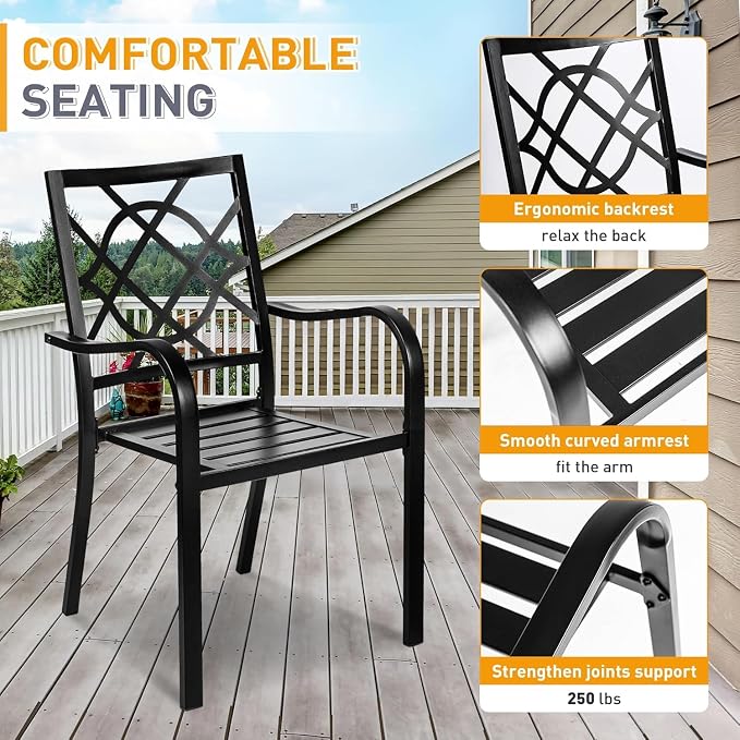 7 Piece Outdoor Patio Dining Set with Umbrella, Patio Metal Furniture Set Outdoor Rectangular Dining Table with 9 FT Patio Umbrella & Stackable Backyard Garden Chairs