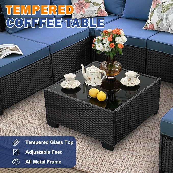 10 Pieces Patio Furniture Set, Wicker PE Rattan Outdoor Sectional with Cushion & Coffee Table, Patio Conversation Sofa for Garden, Backyard, Poolside, Navy