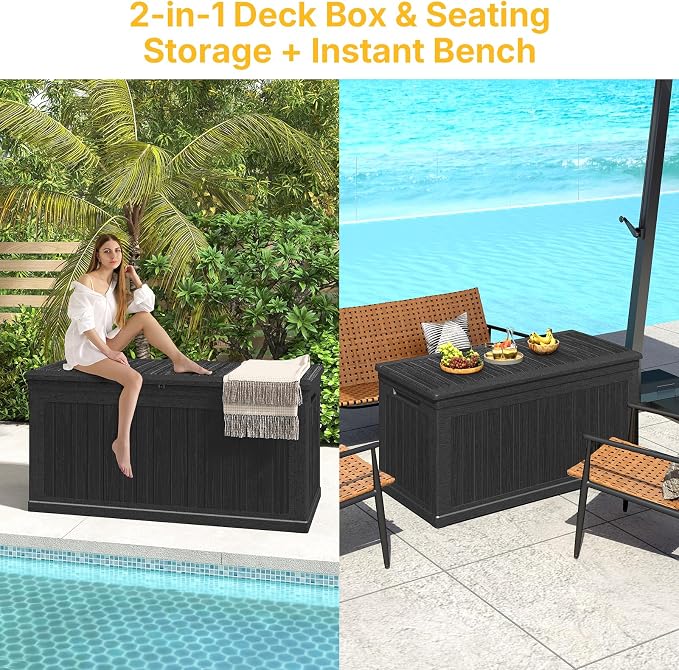 Skepphlay 260 Gallon Deck Box Large Outdoor Storage Box, Waterproof Pool Storage Cushion Boxes Bin, 440 lbs Load Capacity Black Outdoor Storage Bench for Garden, Patio