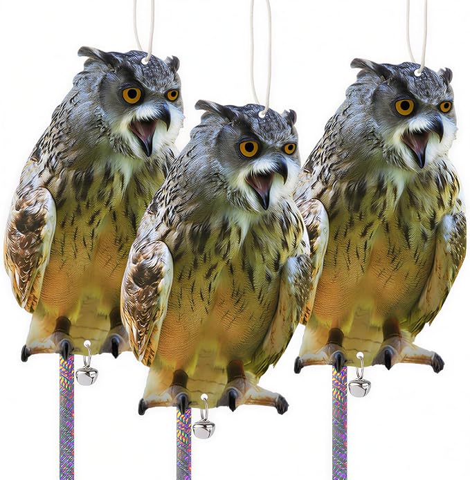 Plastic Owl to Scare Woodpecker from House, 3Pcs Flat Fake Owl to Keep Pigeons Away from Porch, Garden Owls to Scare Pigeon Squirrels, Hanging Owls with Reflective Tape for Balcony Patio Windows Yard