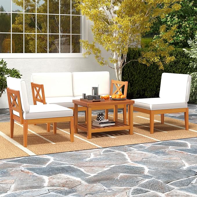 Tangkula 5 Pieces Acacia Wood Patio Furniture Set, Outdoor Sectional Conversation Set with Cushions and 2-Tier Coffee Table, Outdoor Bistro Furniture Set for Garden, Backyard and Poolside