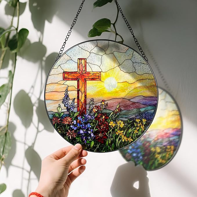 8 Inch Cross Sunset Suncatchers for Windows Hanging, Indoor Decor 8 Inch, Stained Glass Gift, Christian Gifts, Religious Gifts, Christian Cross, Christmas Jesus Gift, Window Decor
