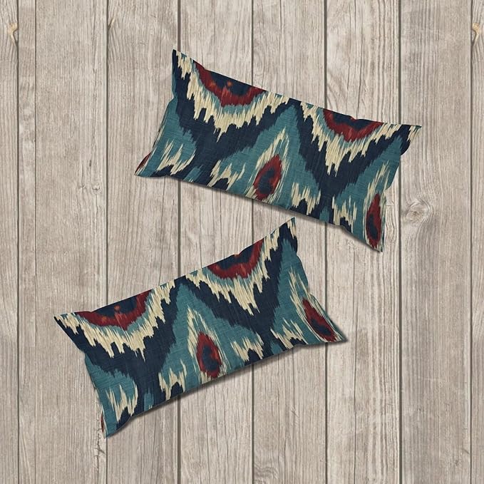 Zipped Pillow Cases for Home Decor Blue Green Red Cream Ikat Pattern Throw Pillow Cover Set of 2 Farmhouse Cushion Cover Cases for Living Room Club Home Decor 12x24in