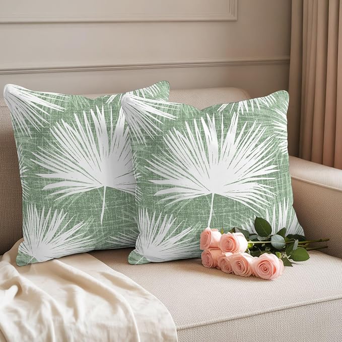 Throw Pillow Covers 26x26 Inch Set of 2, Sage Green Palm Leaves Coastal Waterproof Outdoor Pillow Covers, Summer Tropical Botanical Decorative Cushion Pillowcases for Couch, Sofa, Bed, Garden, Patio